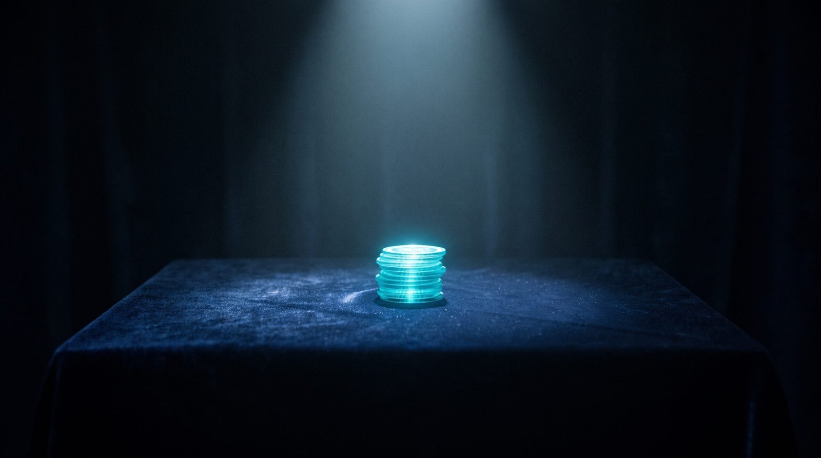 Abstract open source funding as glowing cyan stack of coins on a dark navy surface, dramatic chiaroscuro lighting from above.