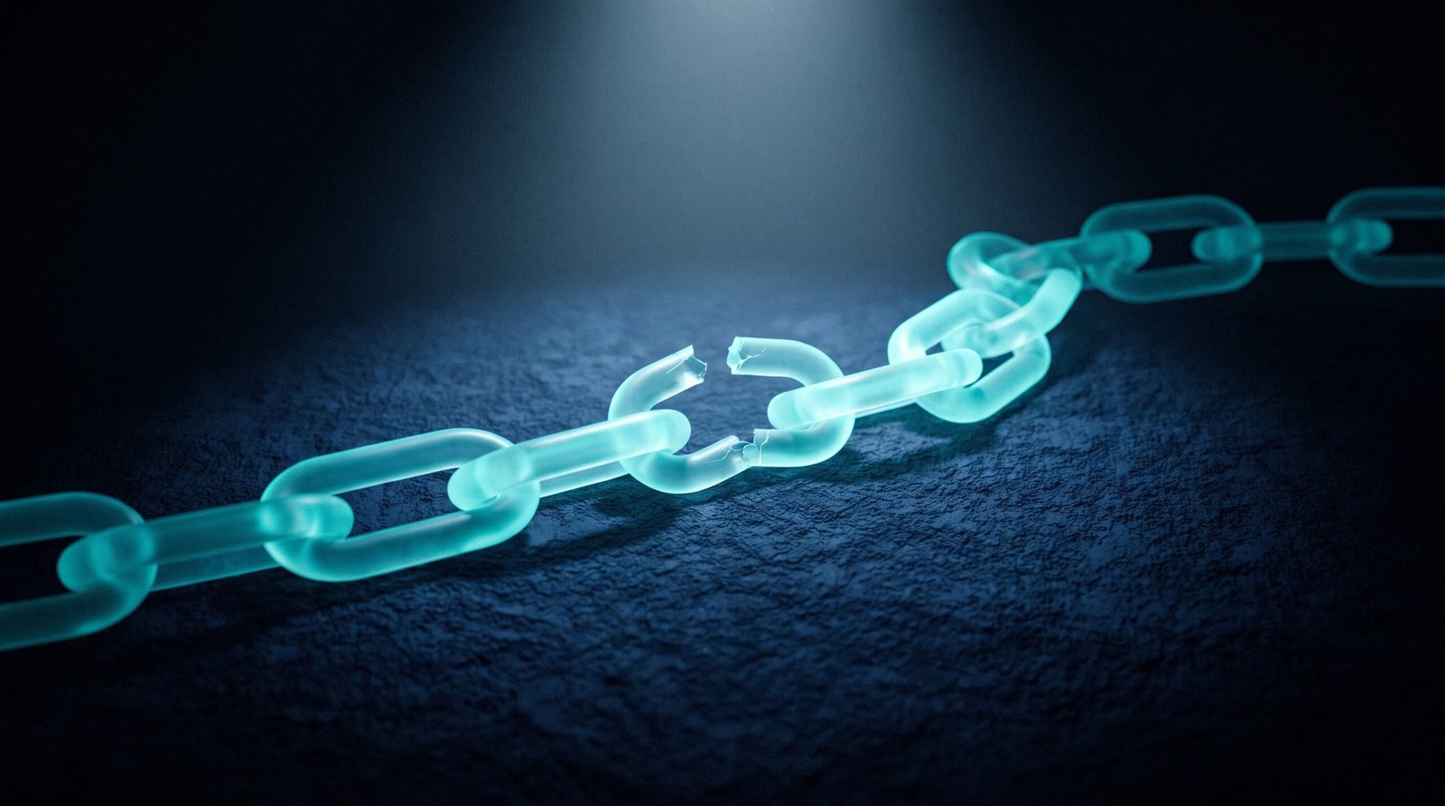Abstract supply chain IR as glowing cyan linked chain with one broken link on a dark navy surface, dramatic chiaroscuro lighting from above.