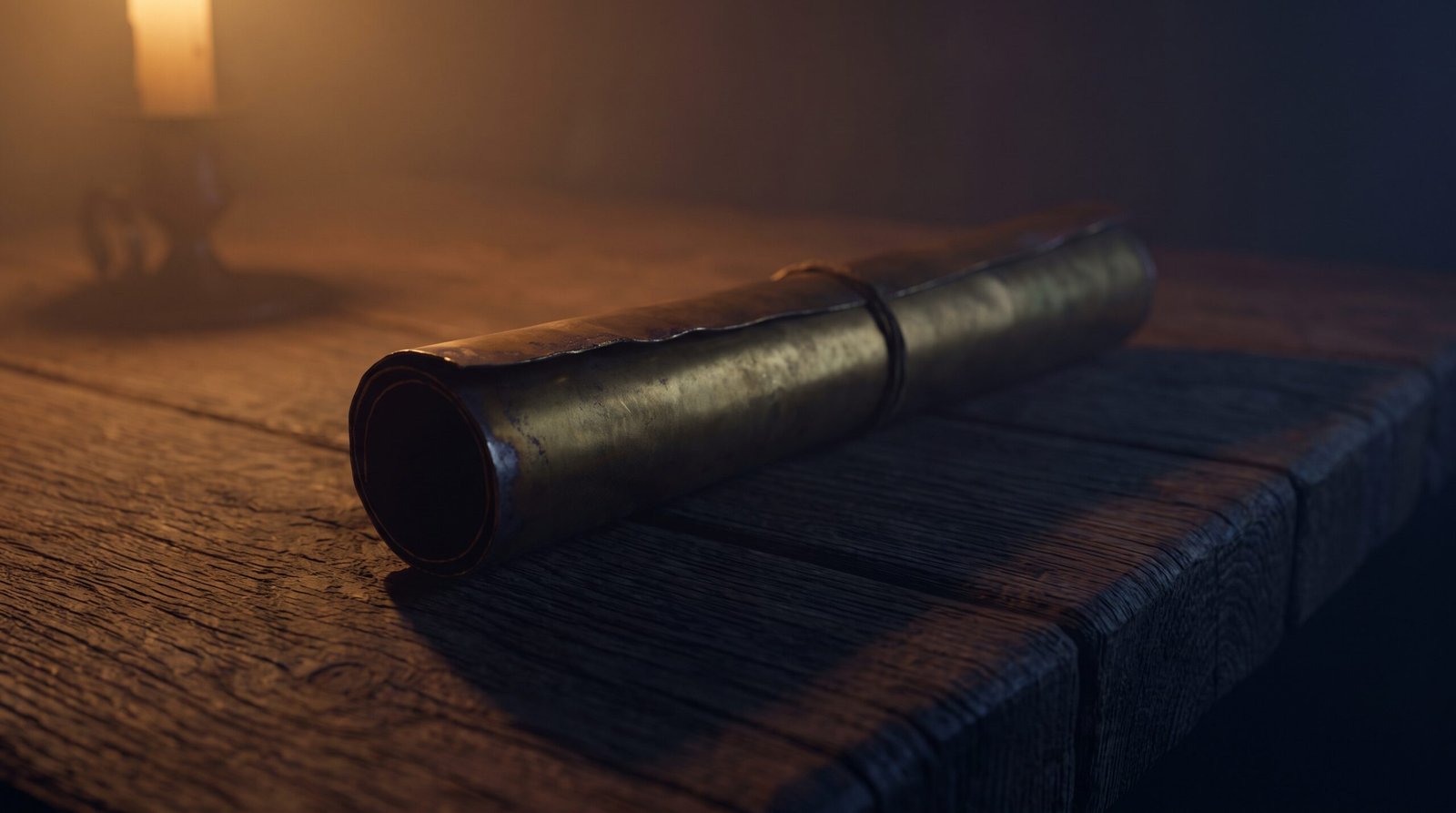 A single brass scroll on a dark wood surface, dim warm amber side light, deep navy shadows, no people visible.