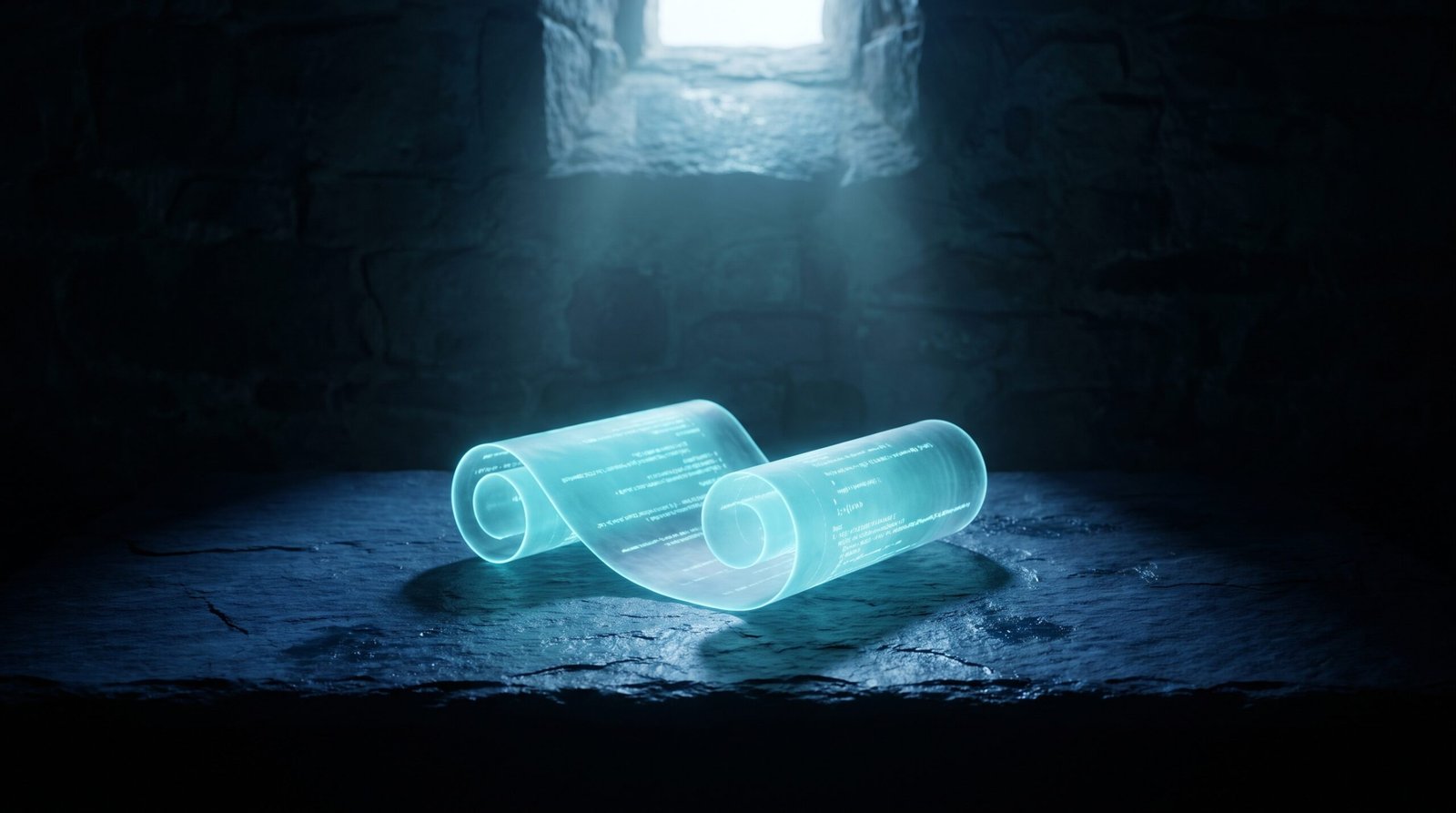 Abstract open source license as glowing cyan scroll with terms on a dark navy surface, dramatic chiaroscuro lighting from above.