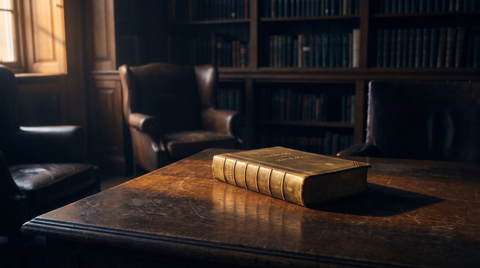 A single brass book of rules on a dark wood surface, dim warm amber side light, deep navy shadows, no people visible.
