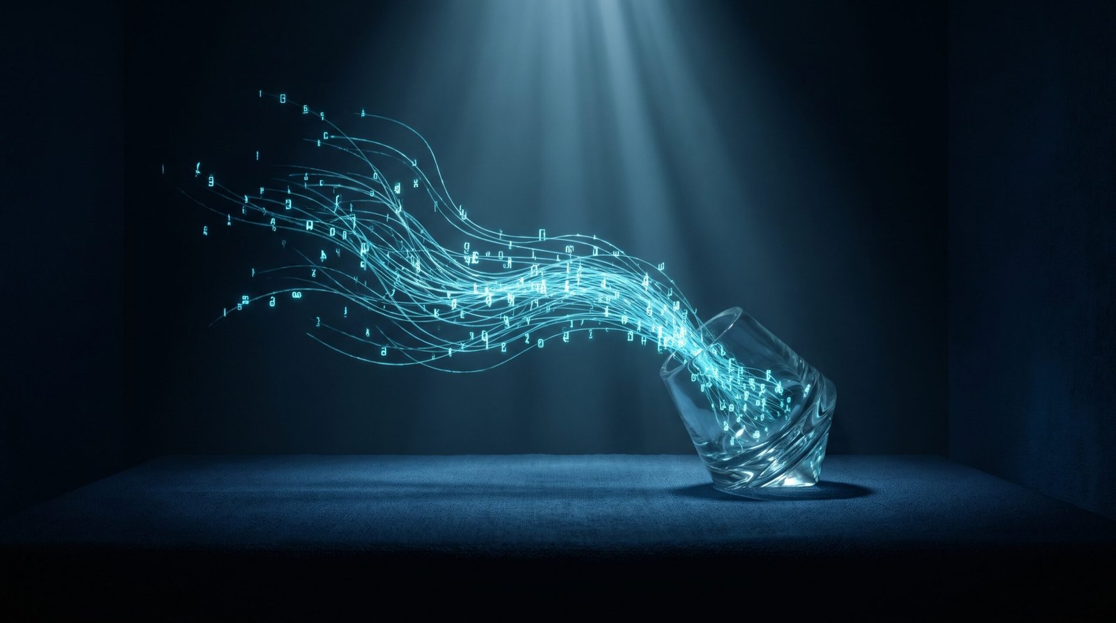 Abstract training data copyright as glowing cyan data stream into a model on a dark navy surface, dramatic chiaroscuro lighting from above.