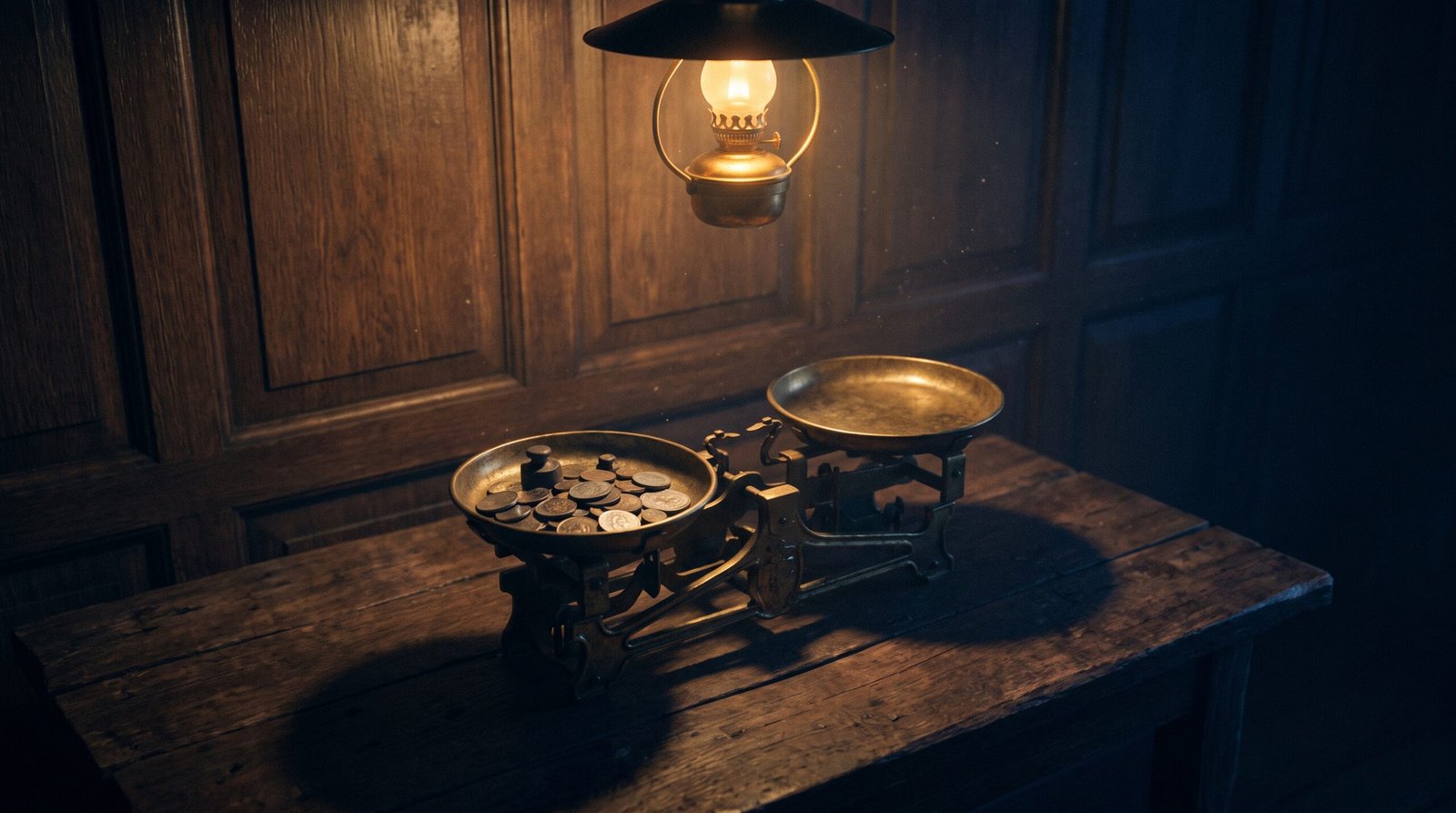 A single brass scale weighing coins on a dark wood surface, dim warm amber side light, deep navy shadows, no people visible.
