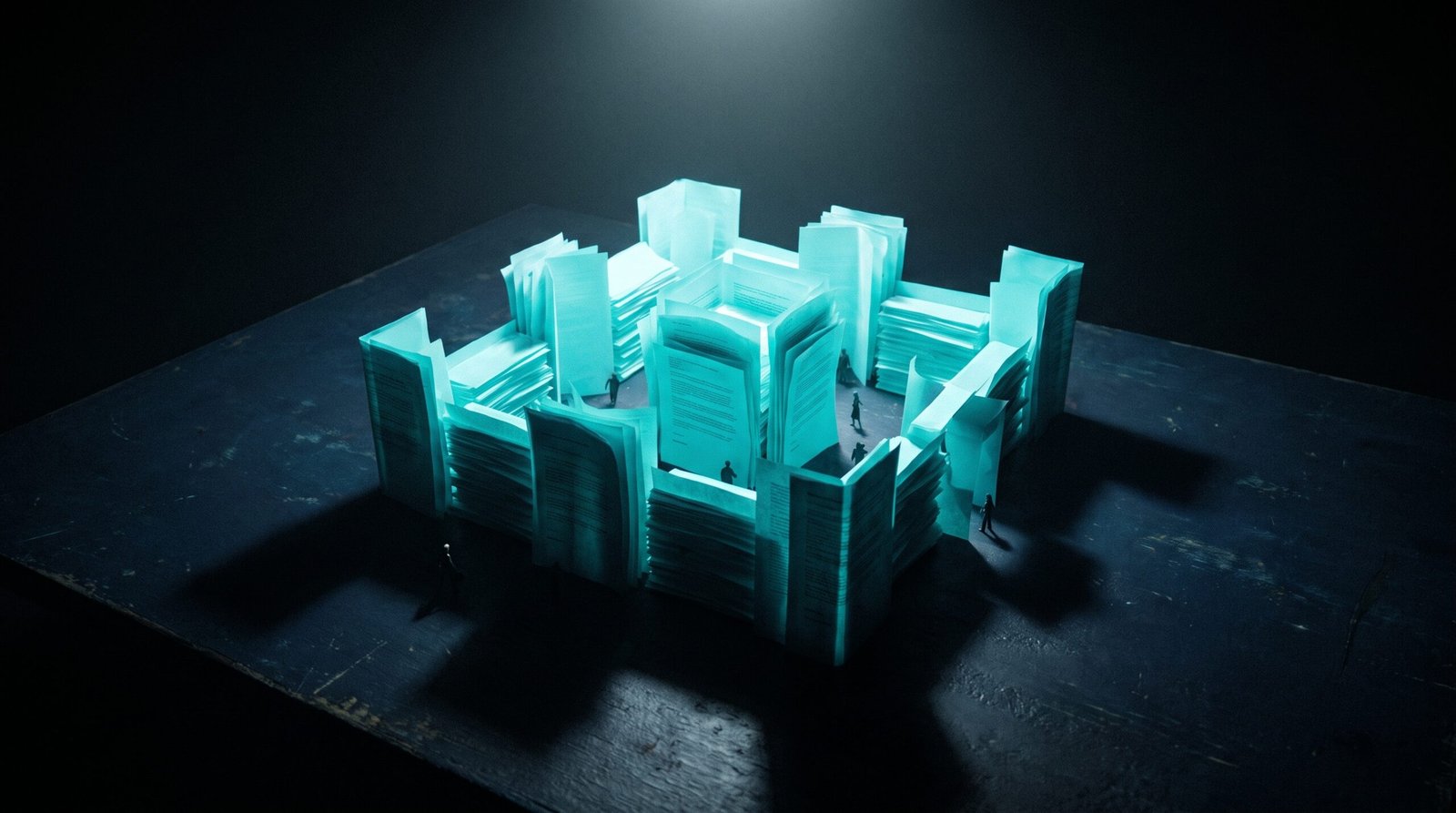 Abstract breach settlement as glowing cyan stack of documents with figures on a dark navy surface, dramatic chiaroscuro lighting from above.