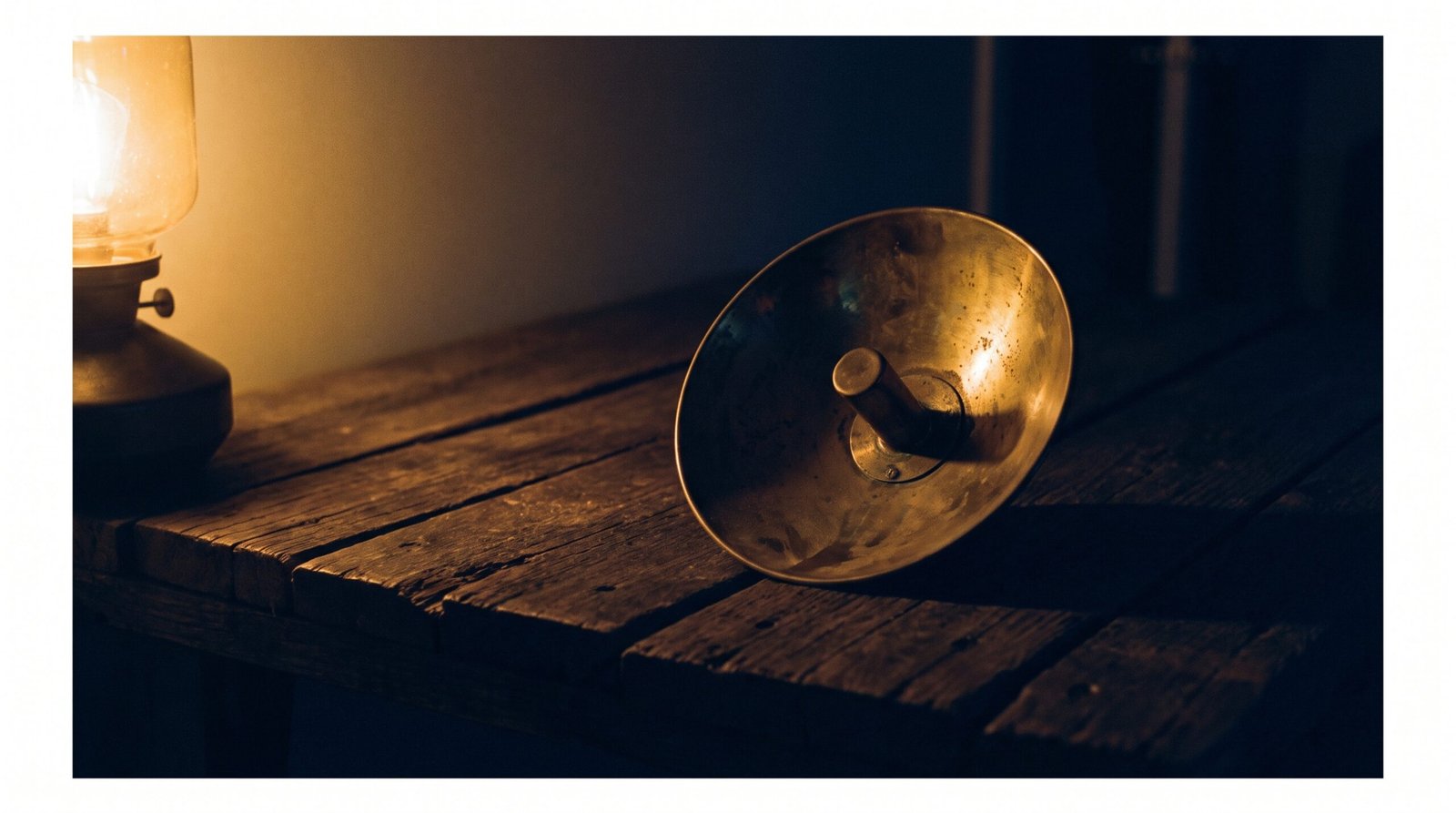 A single brass radar dish on a dark wood surface, dim warm amber side light, deep navy shadows, no people visible.