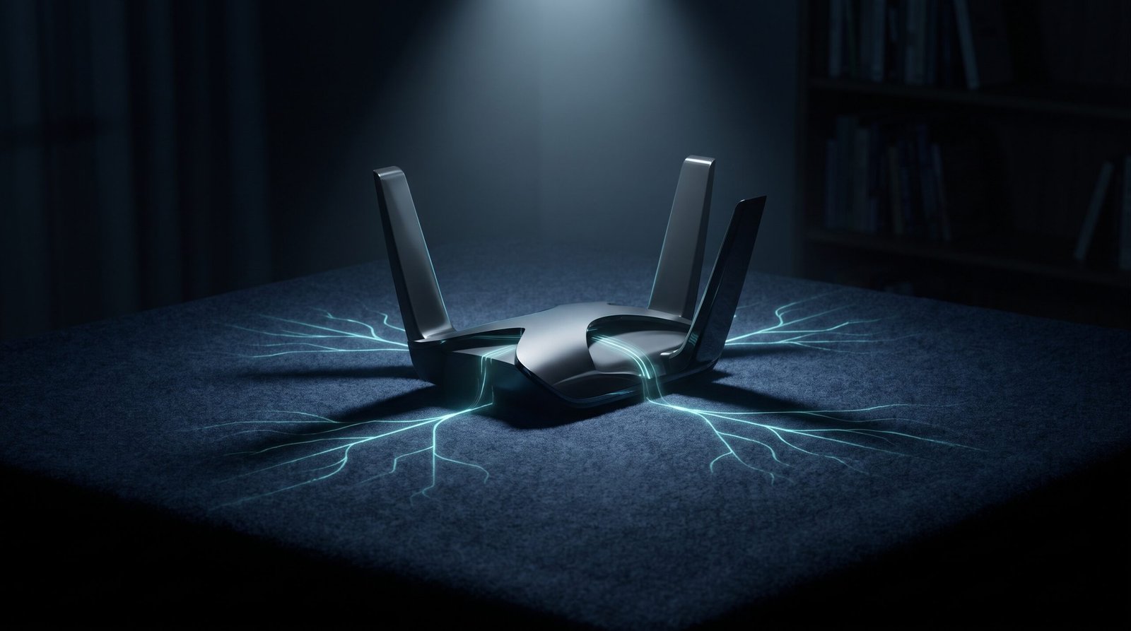 Abstract home network monitor as glowing cyan home router with flow lines on a dark navy surface, dramatic chiaroscuro lighting from above.