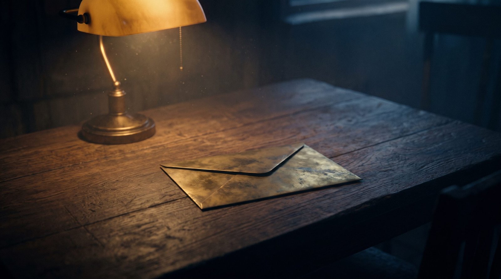 A single brass envelope on a dark wood surface, dim warm amber side light, deep navy shadows, no people visible.