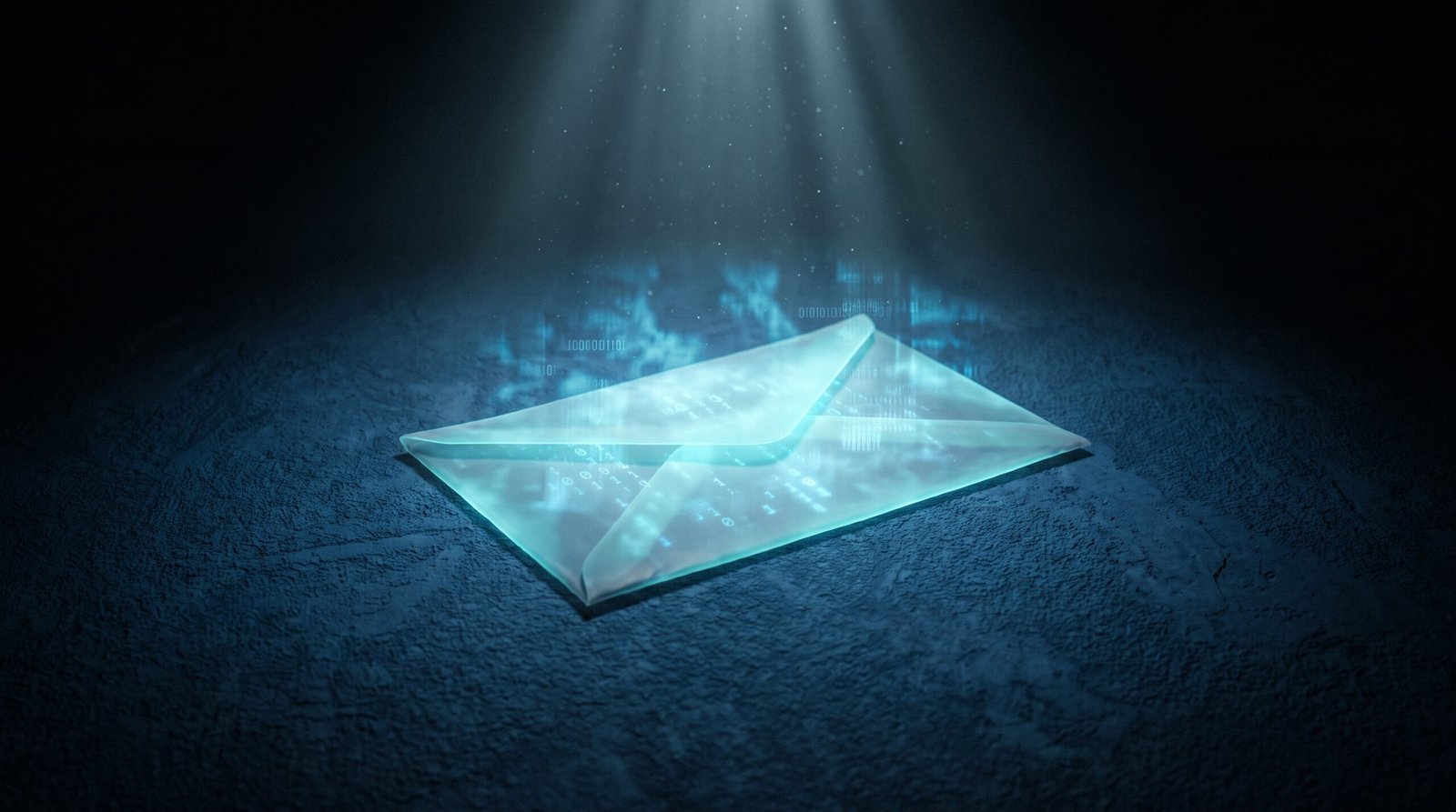 Abstract data only extortion as glowing cyan envelope containing data on a dark navy surface, dramatic chiaroscuro lighting from above.