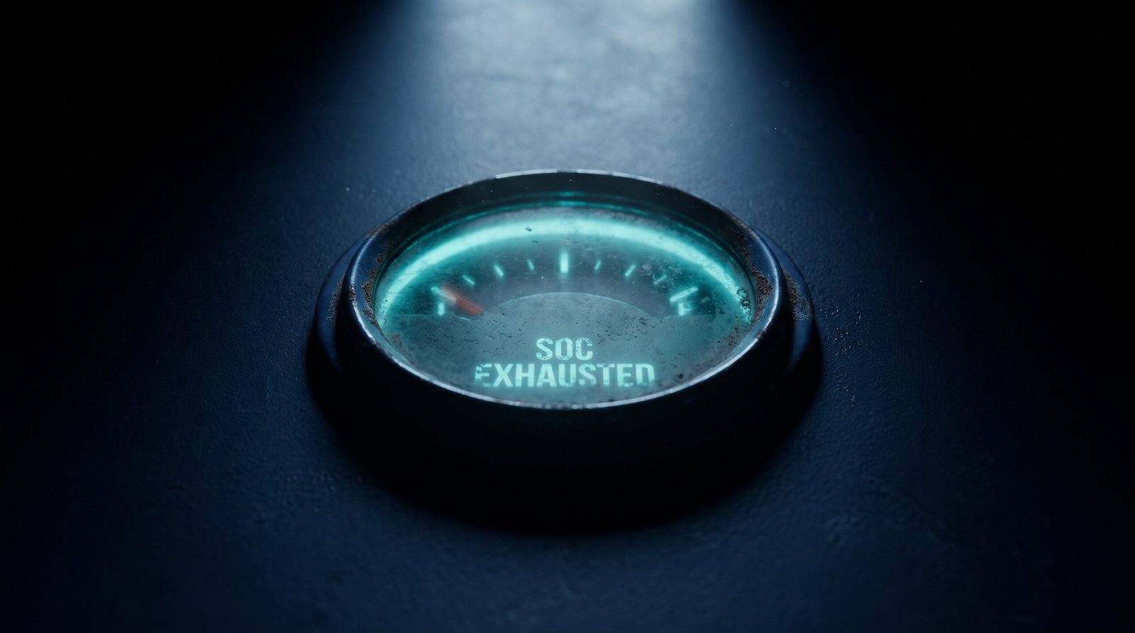 Abstract SOC burnout as glowing cyan exhausted gauge on a dark navy surface, dramatic chiaroscuro lighting from above.