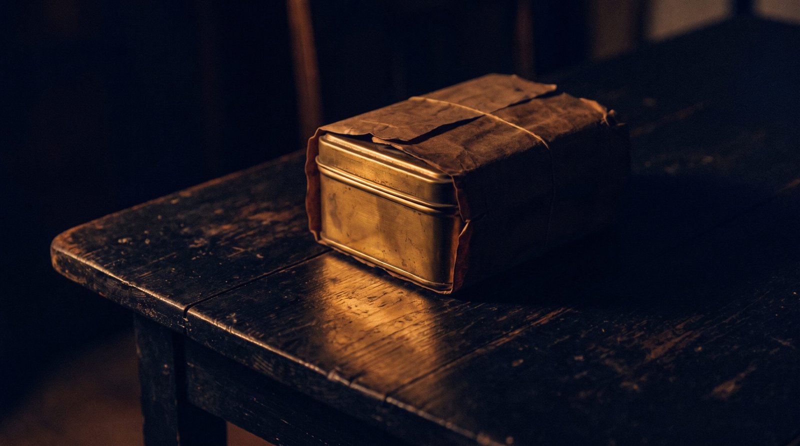 A single brass packaged item on a dark wood surface, dim warm amber side light, deep navy shadows, no people visible.