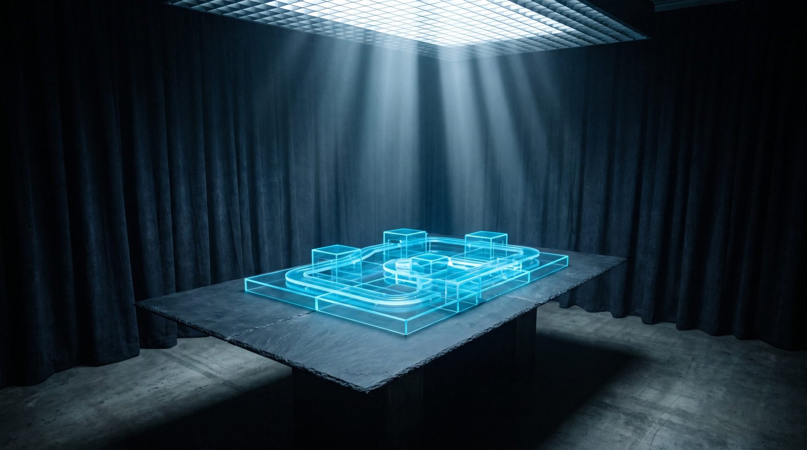 Abstract platform product as glowing cyan product roadmap on a dark navy surface, dramatic chiaroscuro lighting from above.