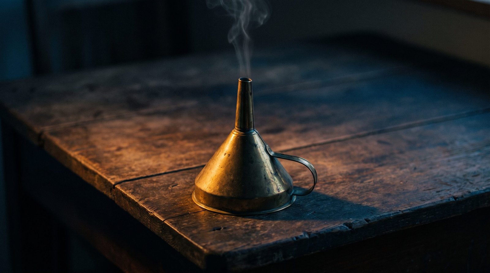 A single brass funnel with stream on a dark wood surface, dim warm amber side light, deep navy shadows, no people visible.