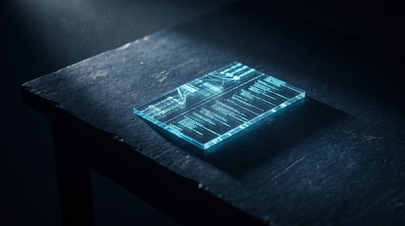 Abstract SIEM rule as glowing cyan log filter on a dark navy surface, dramatic chiaroscuro lighting from above.