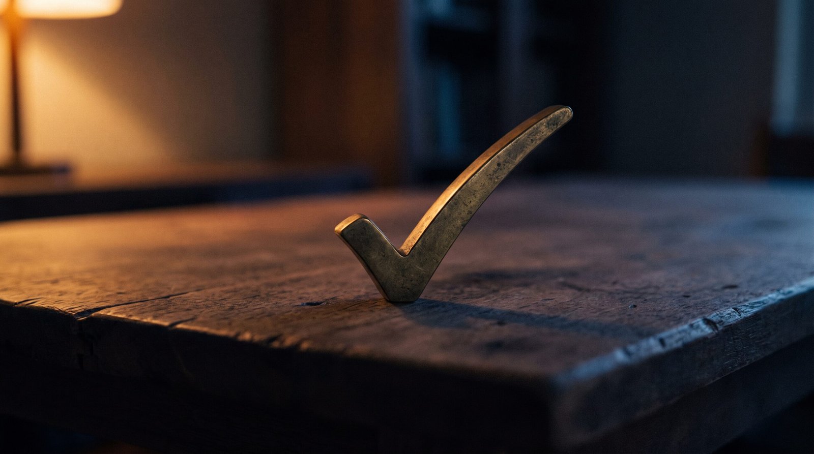 A single brass checkmark on a dark wood surface, dim warm amber side light, deep navy shadows, no people visible.