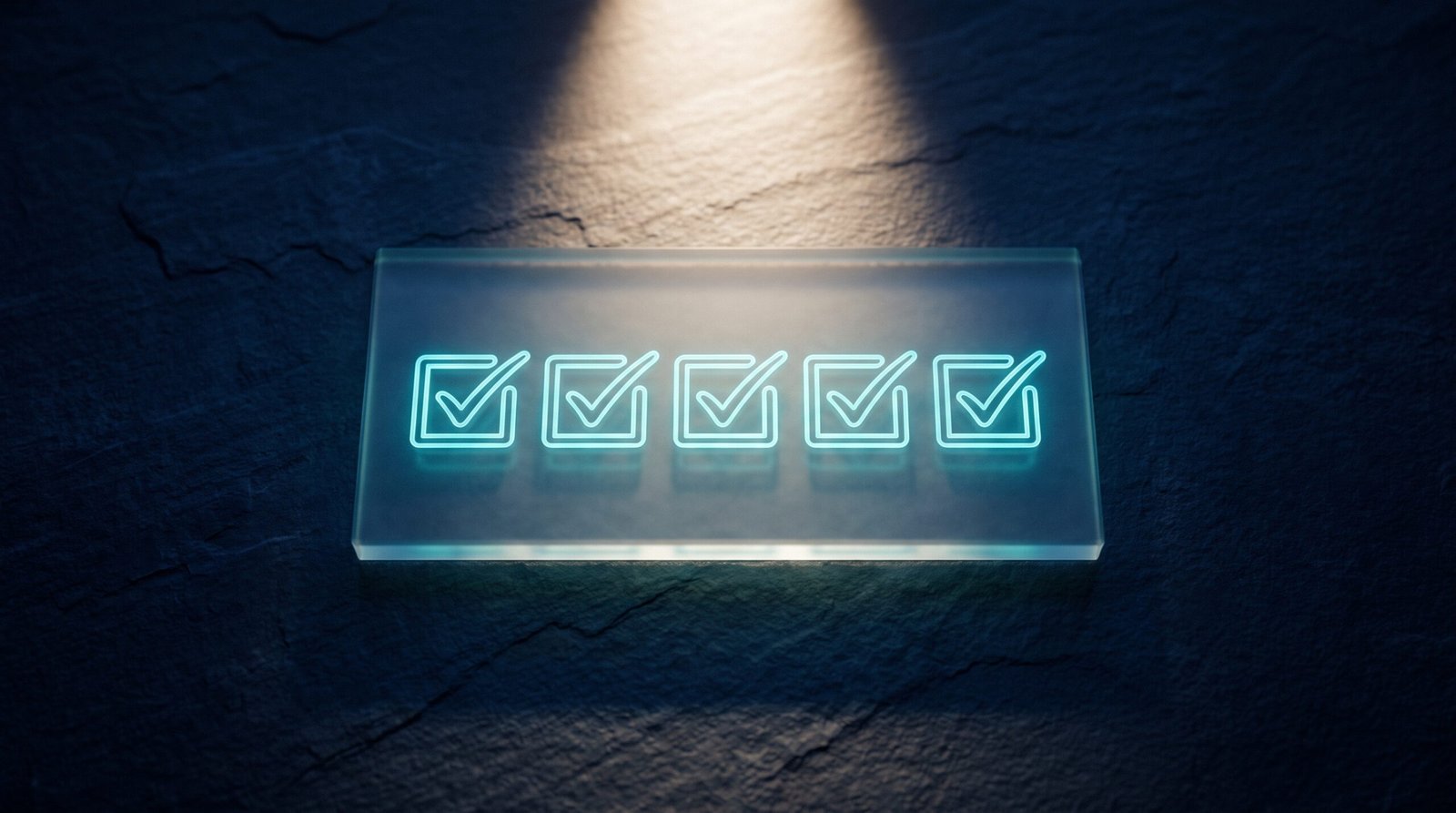 Abstract SOC 2 as glowing cyan checklist with checkmarks on a dark navy surface, dramatic chiaroscuro lighting from above.