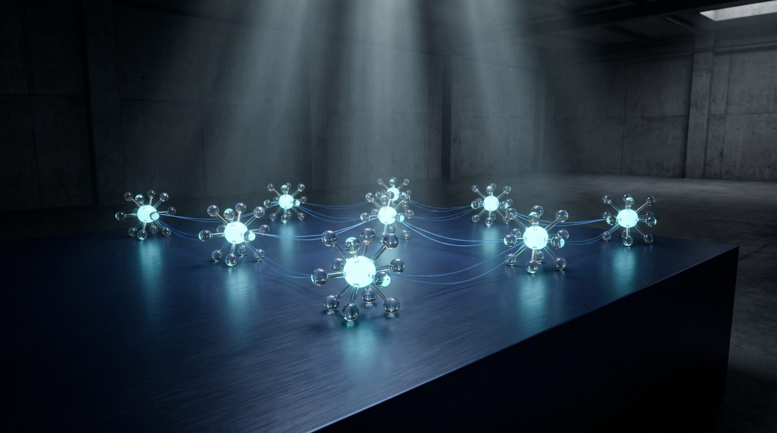 Abstract data residency as glowing cyan regional data center nodes on a dark navy surface, dramatic chiaroscuro lighting from above.
