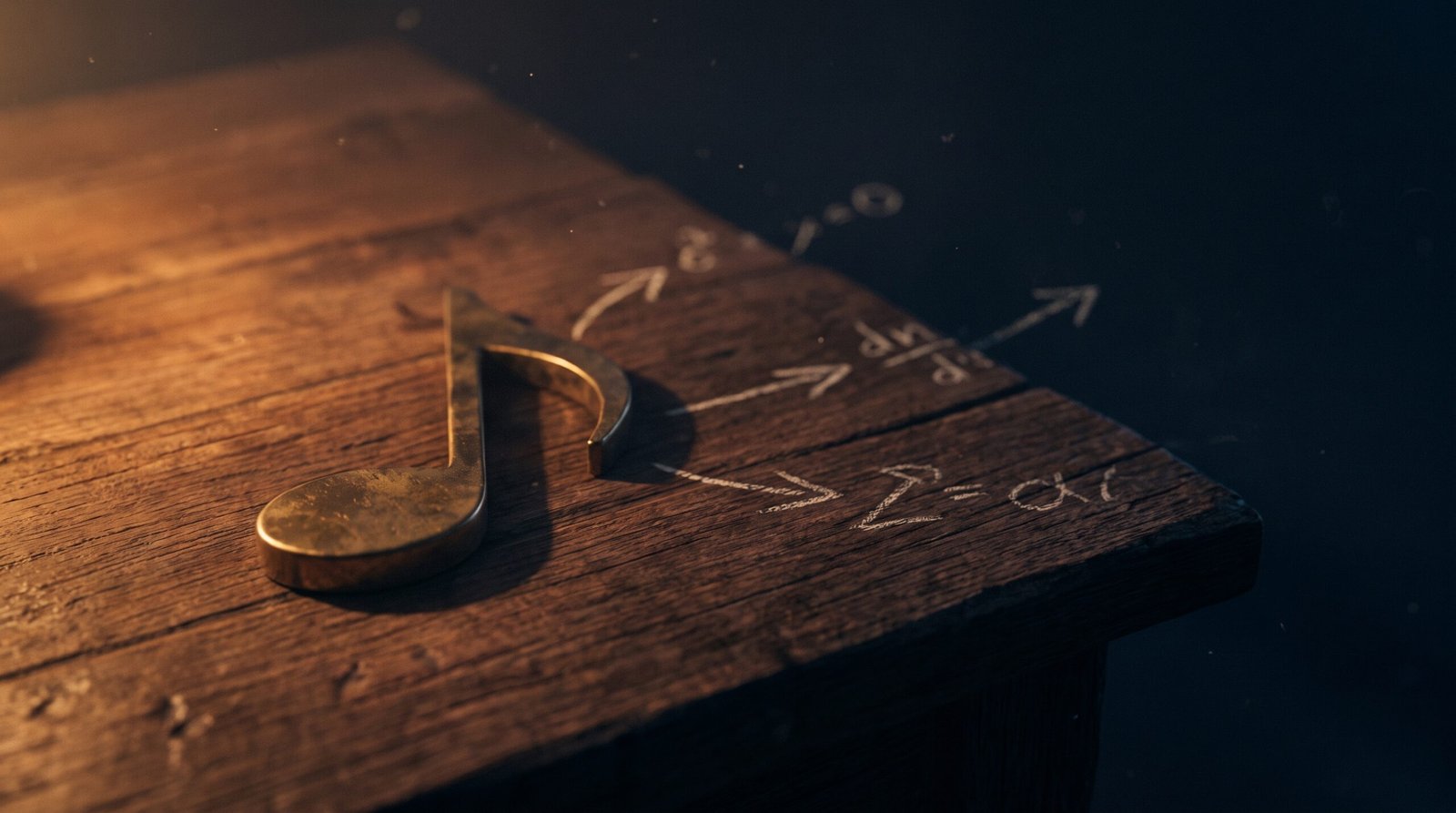 A single brass musical note with derivation arrows on a dark wood surface, dim warm amber side light, deep navy shadows, no people visible.
