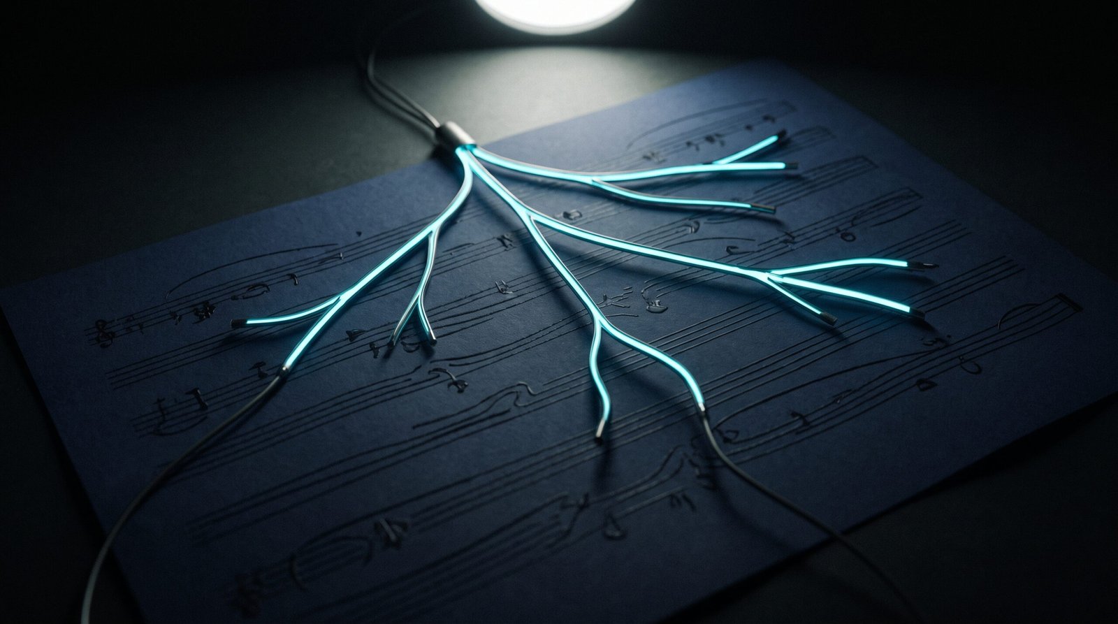 Abstract derivative work as glowing cyan branched musical score on a dark navy surface, dramatic chiaroscuro lighting from above.