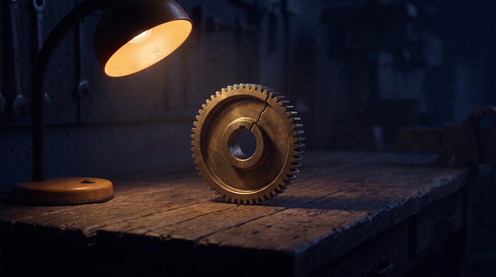 A single brass gear with crack on a dark wood surface, dim warm amber side light, deep navy shadows, no people visible.