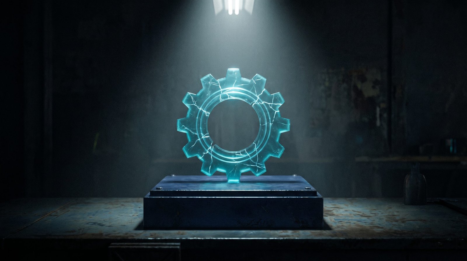 Abstract print spooler as glowing cyan cracked cog on a dark navy surface, dramatic chiaroscuro lighting from above.