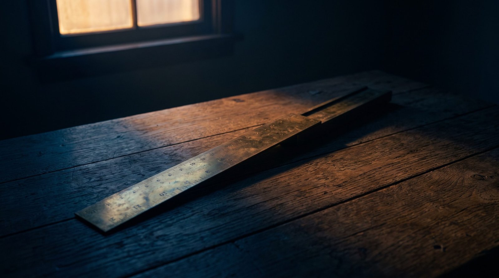 A single brass ruler extended on a dark wood surface, dim warm amber side light, deep navy shadows, no people visible.