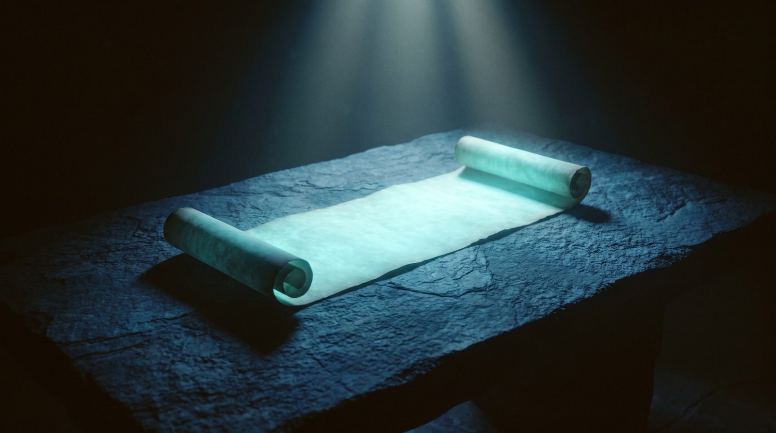 Editorial photo of glowing cyan extended scroll on a dark navy surface, dramatic chiaroscuro lighting from above.