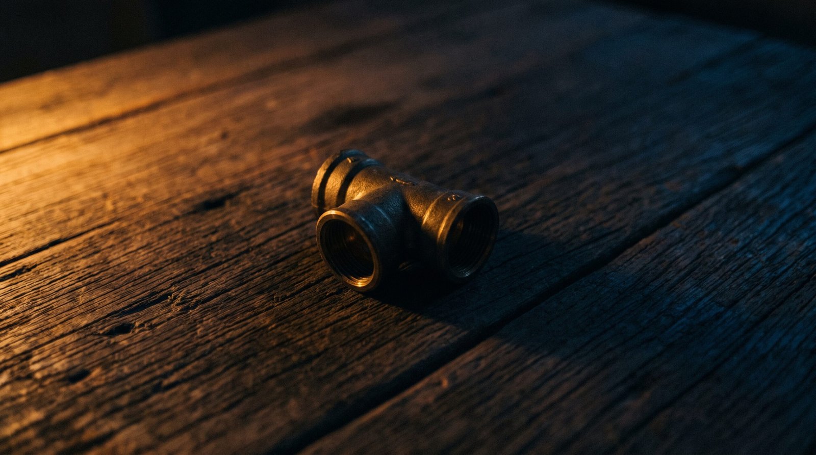 A single brass T-connector on a dark wood surface, dim warm amber side light, deep navy shadows, no people visible.