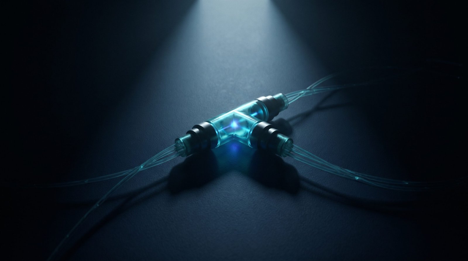 Abstract network tap as glowing cyan T-junction on a dark navy surface, dramatic chiaroscuro lighting from above.