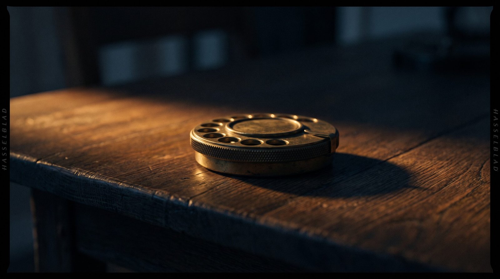 A single brass dial on a dark wood surface, dim warm amber side light, deep navy shadows, no people visible.