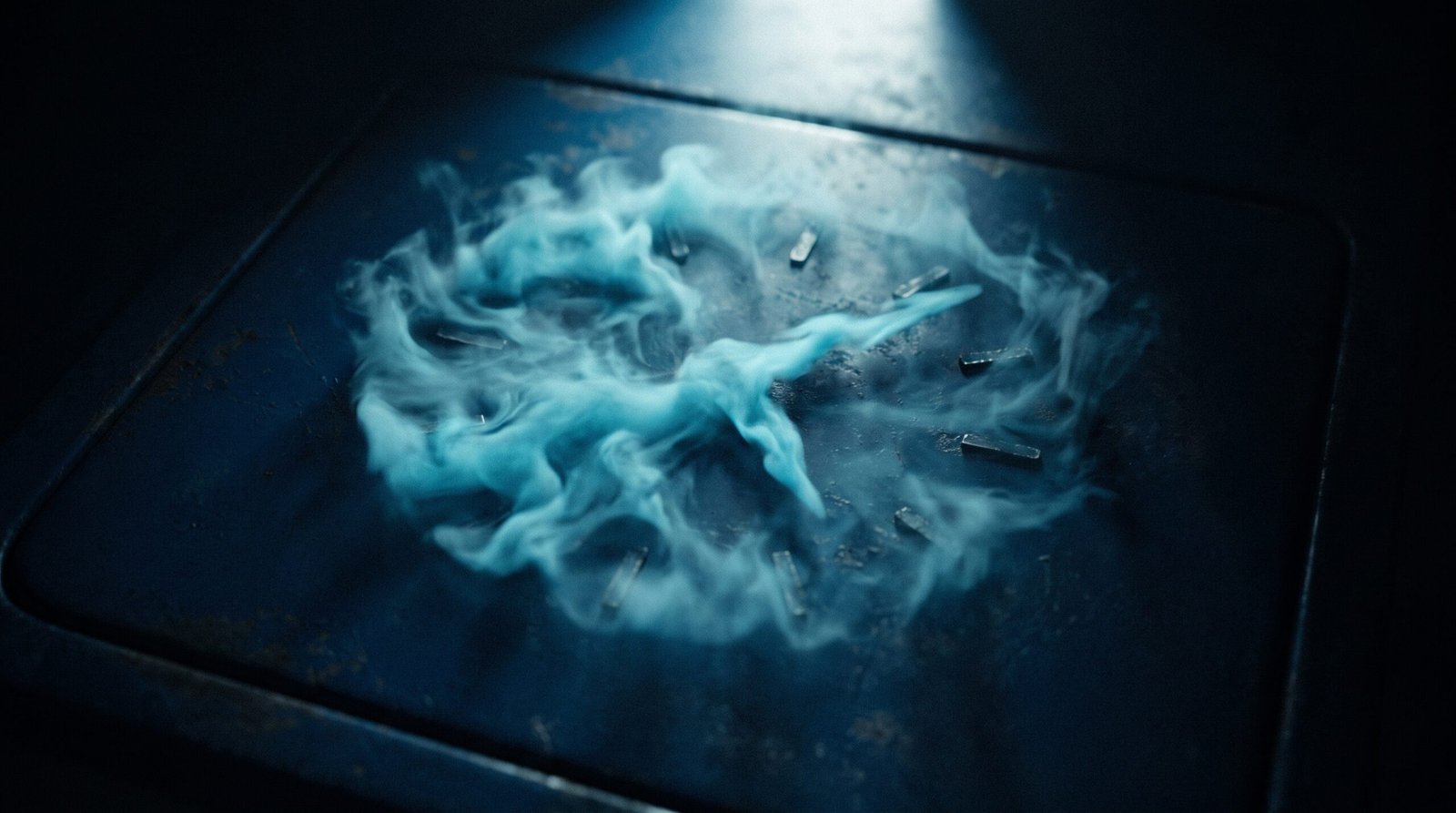 Abstract cloud misconfiguration as glowing cyan dial set to wrong position on a dark navy surface, dramatic chiaroscuro lighting from above.