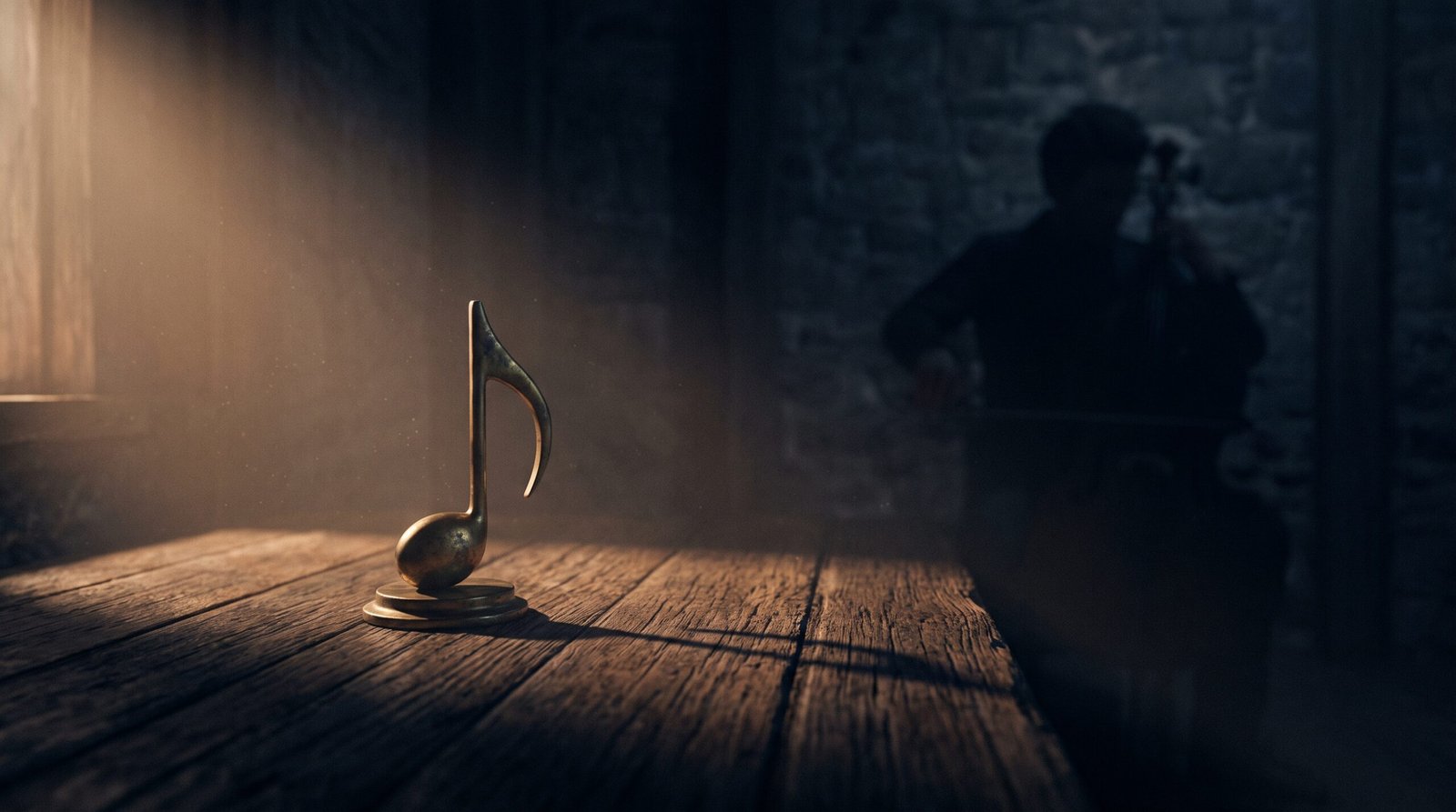 A single brass musical note with performer silhouette on a dark wood surface, dim warm amber side light, deep navy shadows, no people visible.