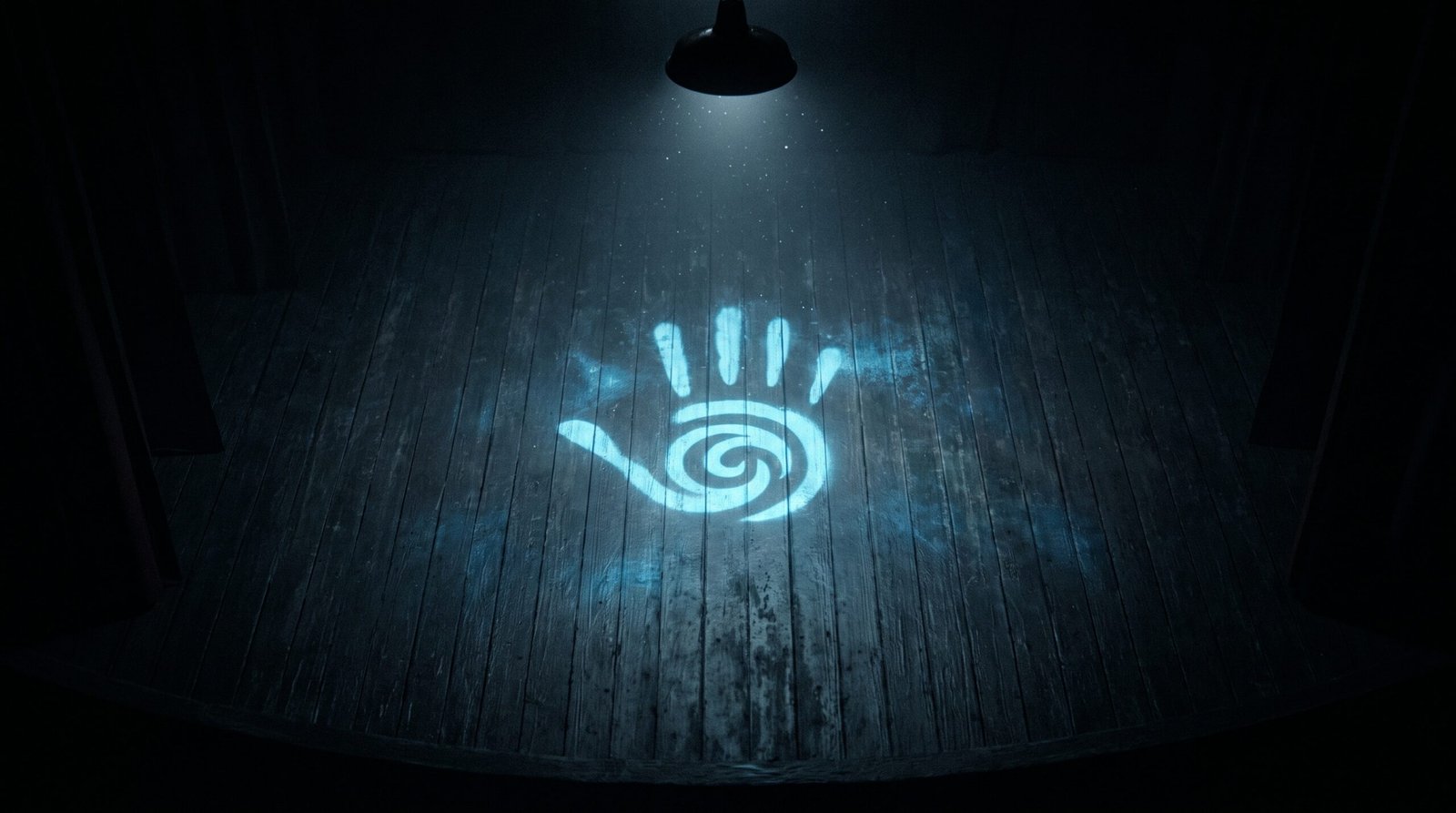 Abstract moral rights of performer as glowing cyan performer mark on a dark navy surface, dramatic chiaroscuro lighting from above.