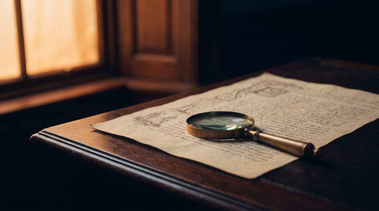A single brass magnifying glass over document on a dark wood surface, dim warm amber side light, deep navy shadows, no people visible.