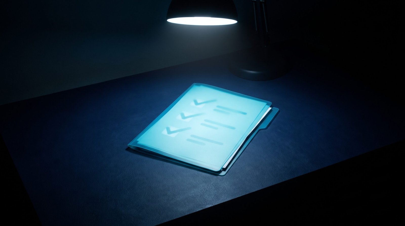 Abstract pre IPO audit as glowing cyan audited document with checkmarks on a dark navy surface, dramatic chiaroscuro lighting from above.