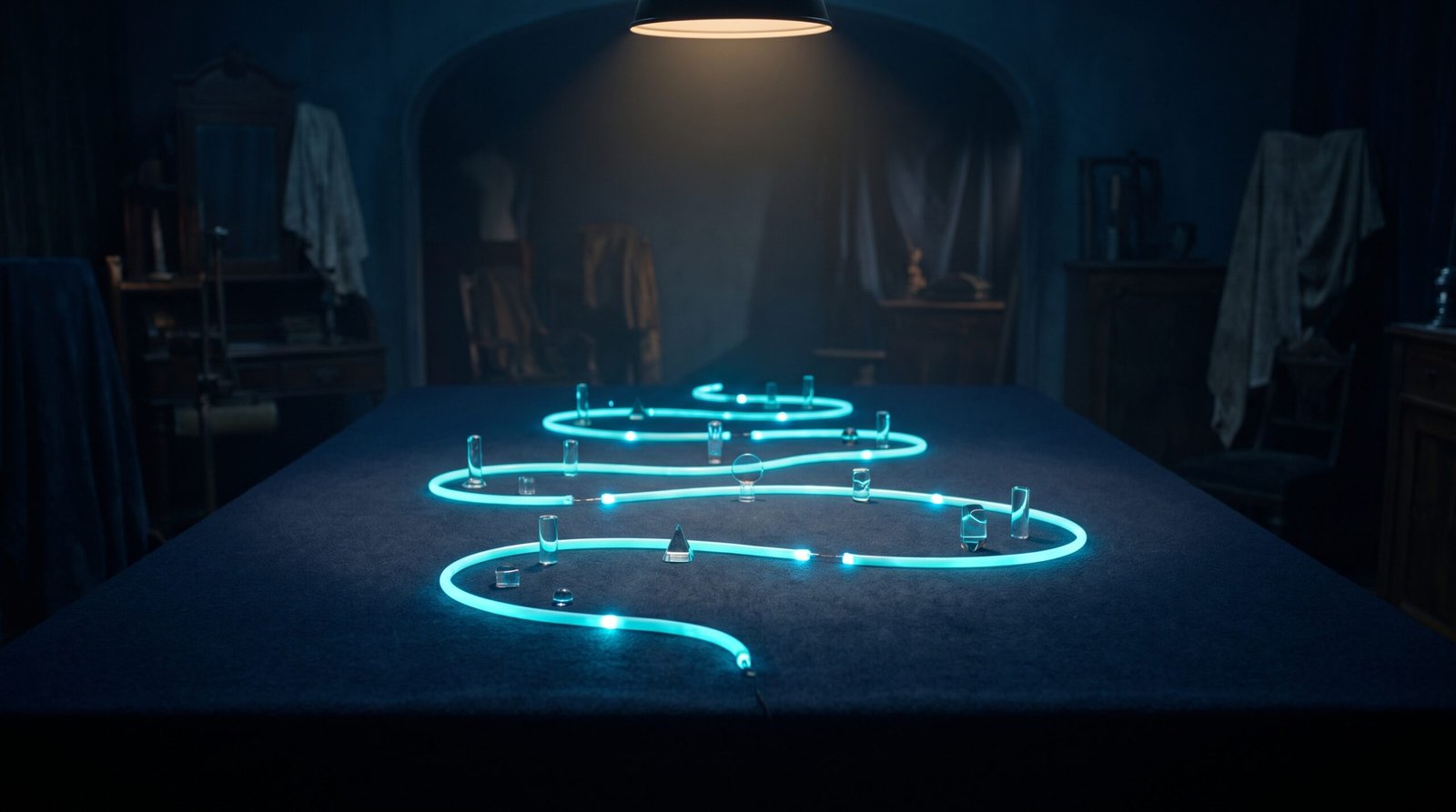 Abstract six month retrospective as glowing cyan timeline with milestones on a dark navy surface, dramatic chiaroscuro lighting from above.