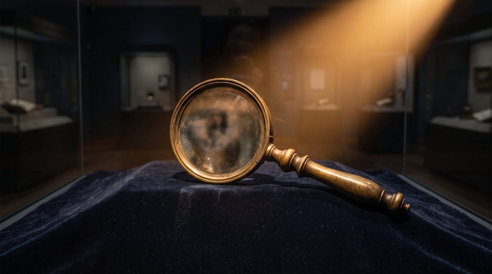A small antique brass magnifying glass lying on a dark navy surface, the lens reflection shows a faint distorted silhouette, warm amber side light from upper right, chiaroscuro, no people, no text, no logos, museum photography style