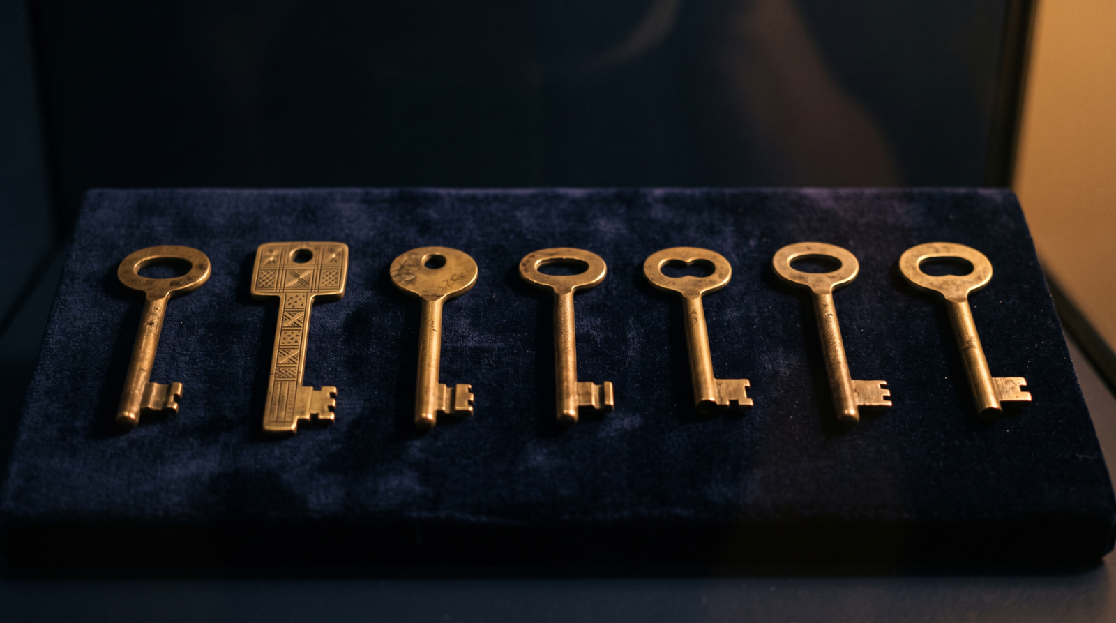 A row of small antique brass keys lined up on dark navy velvet, the second key etched with a fine geometric pattern, warm amber side light from upper right, deep chiaroscuro, no people, no text, no logos, museum photography style