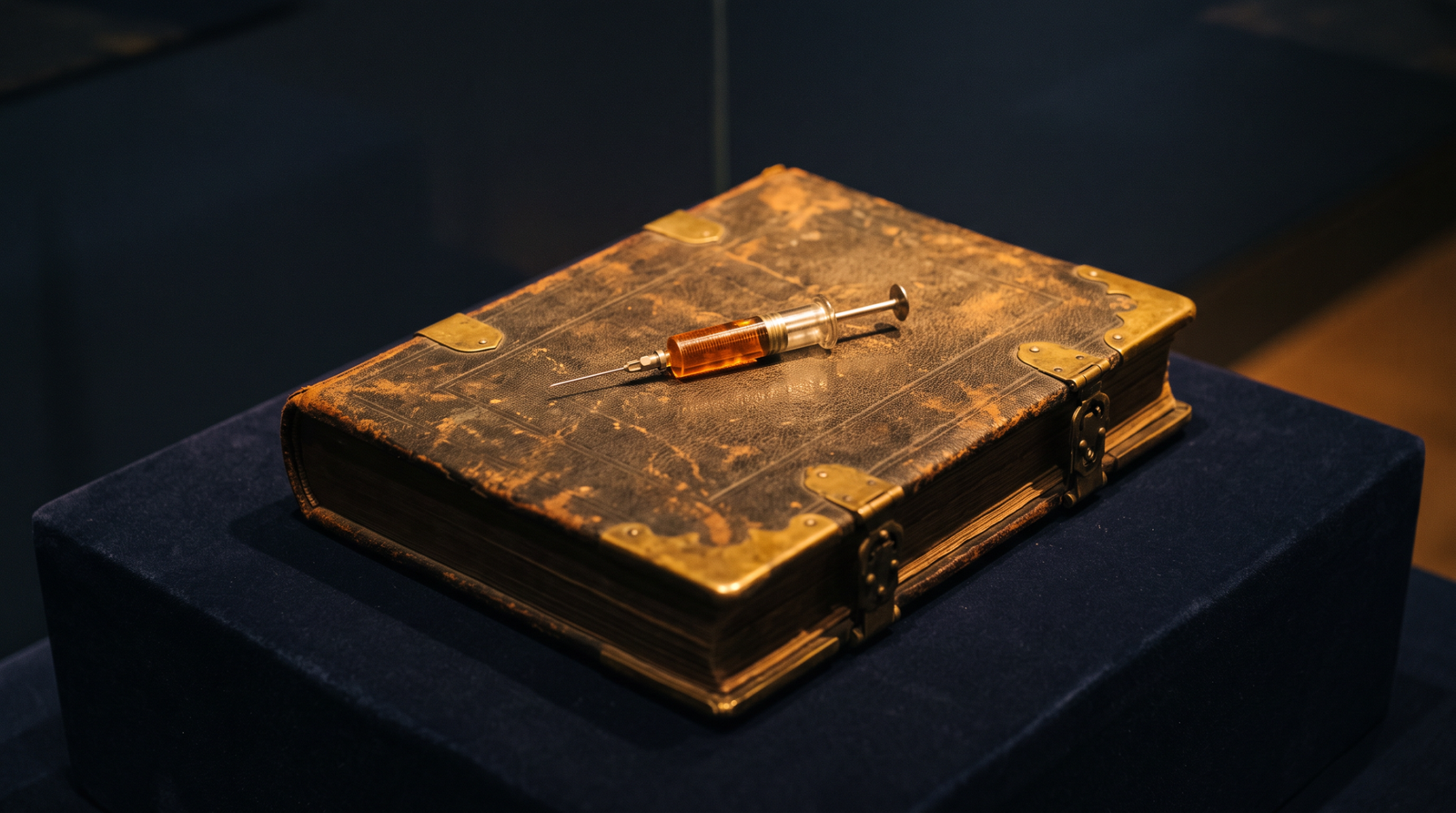A closed brass-bound leather ledger with a small glass syringe of amber liquid resting on top, dark navy surface, warm amber side light from upper right, chiaroscuro, no people, no text, no logos, museum photography style