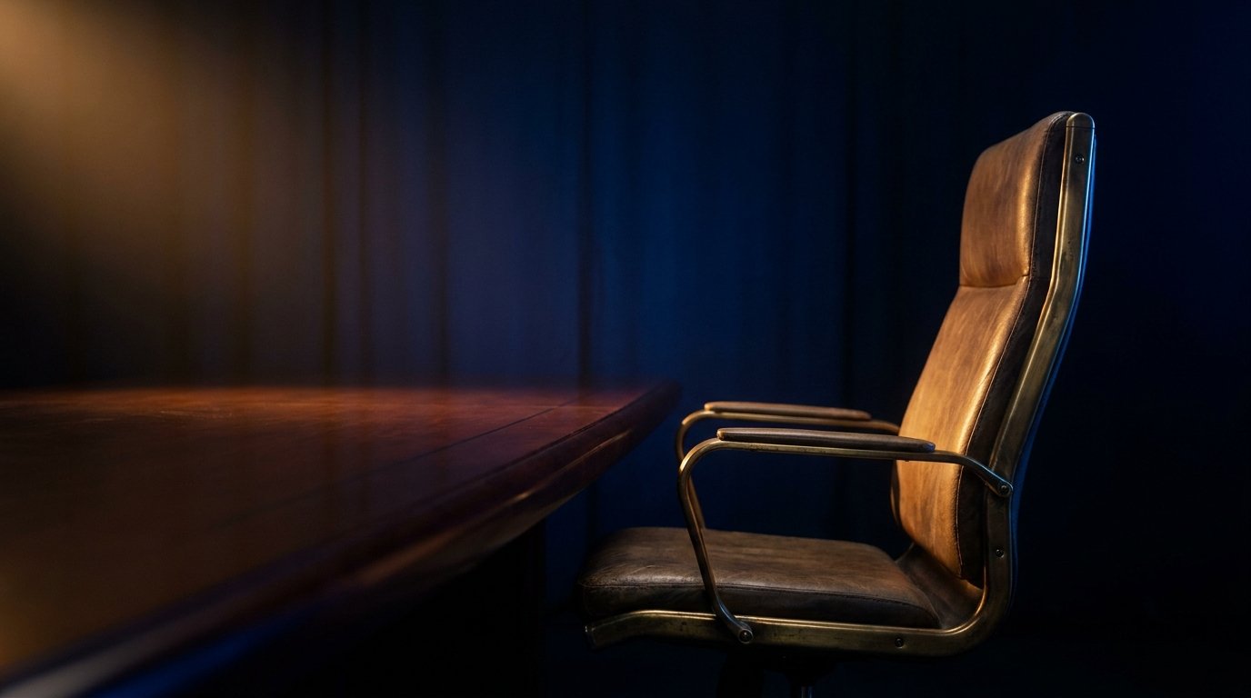 A single brass boardroom chair at a long dark table, dim warm amber side light, deep navy shadows, no people, no logos.