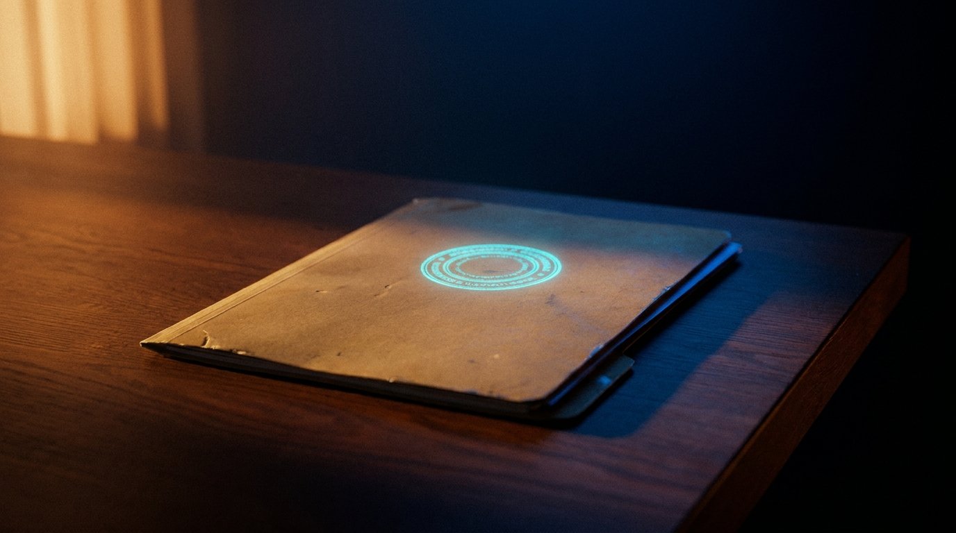 Abstract briefing scene as glowing cyan seal on a folder at the head of a dark table, chiaroscuro from above, no people, no logos.