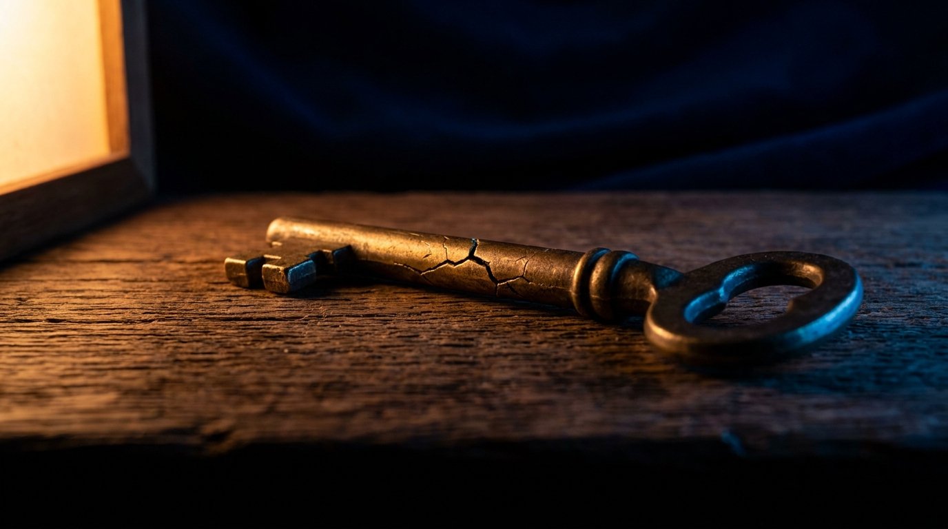 A single cracked brass key on dark wood, dim warm amber side light, deep navy shadows, no people, no logos.