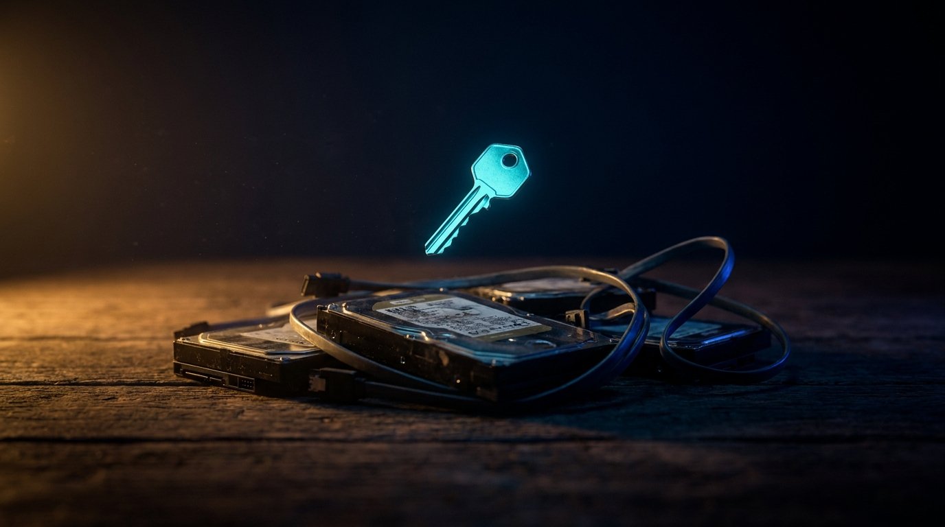 Abstract decryption as glowing cyan key over an encrypted file, dark navy, chiaroscuro from above, no people, no logos.