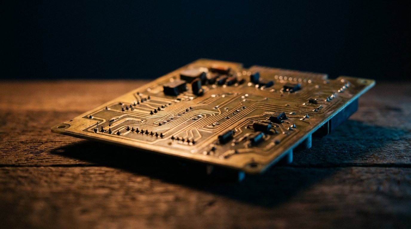 A single brass circuit board on dark wood, dim warm amber side light, deep navy shadows, no people, no logos.