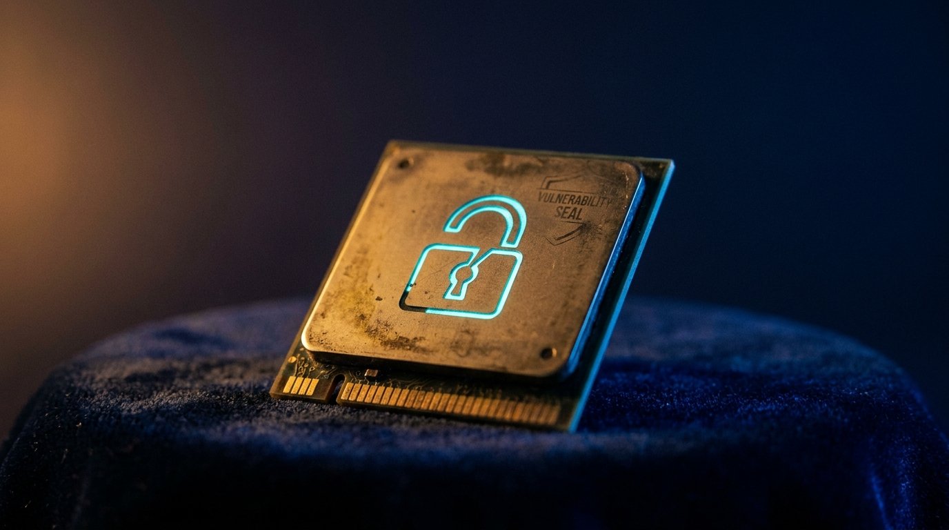 Abstract firmware chip with a glowing cyan vulnerability seal on dark navy, chiaroscuro from above, no people, no logos.