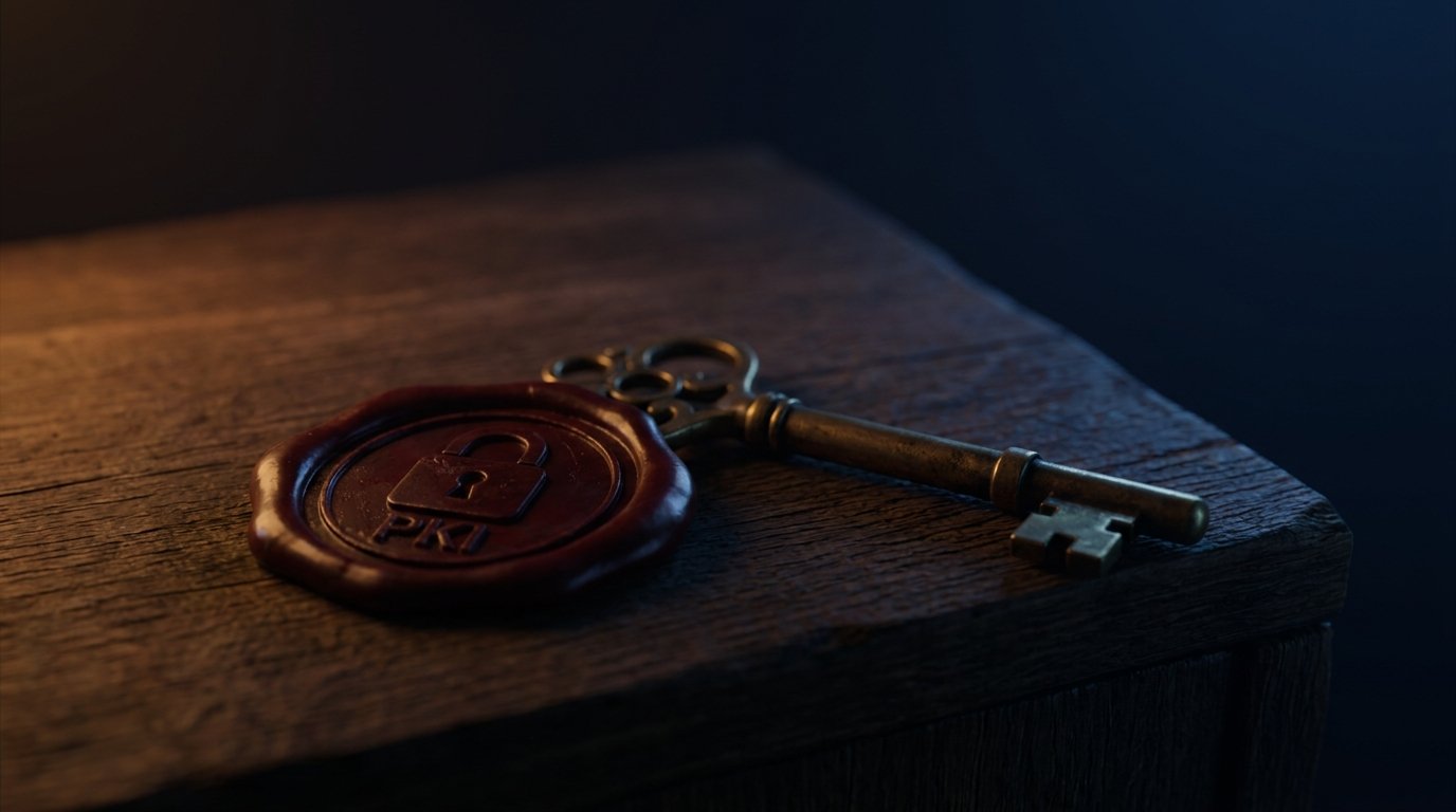 A single brass key with a wax certificate seal on dark wood, dim warm amber side light, deep navy shadows, no people, no logos.
