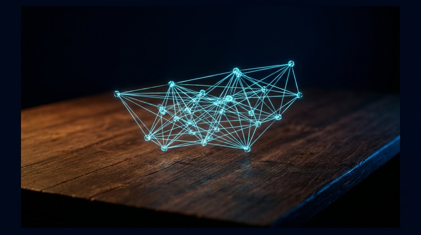 Abstract advisory as glowing cyan network of nodes over a desk, dark navy, chiaroscuro from above, no people, no logos.