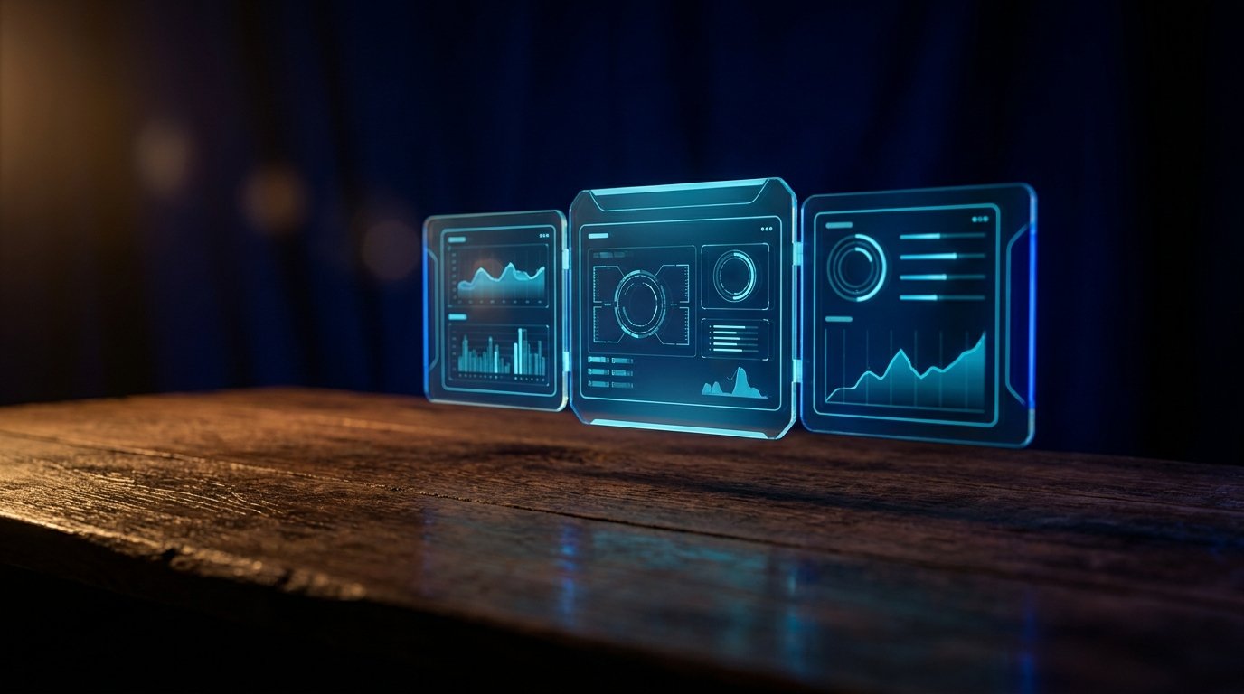 Abstract DevSecOps metrics as glowing cyan dashboard on dark navy, chiaroscuro from above, no people, no logos.