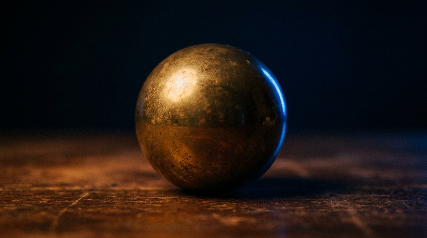 A single brass bubble on dark wood, dim warm amber side light, deep navy shadows, no people, no logos.