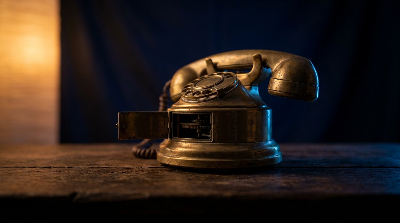 A single brass phone with a side door open on dark wood, dim warm amber side light, deep navy shadows, no people, no logos.