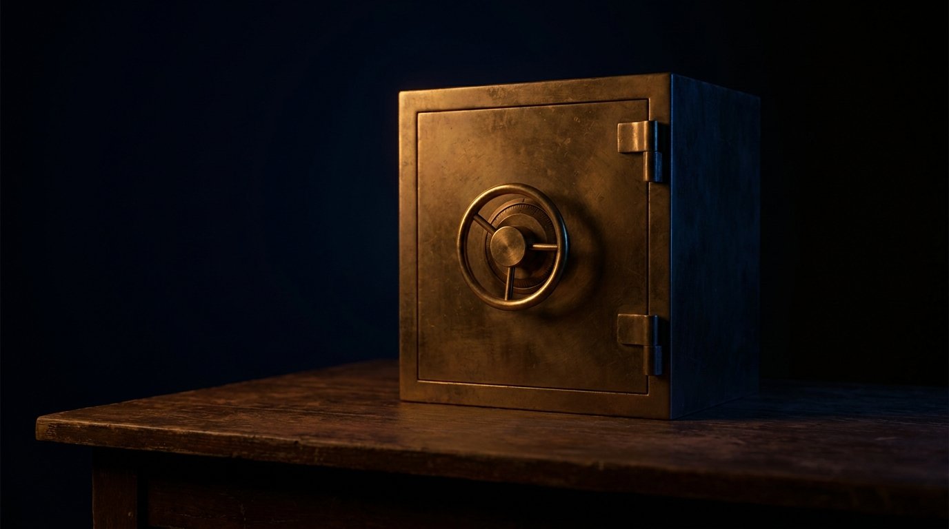 A single brass vault with a brass target ring on dark wood, dim warm amber side light, deep navy shadows, no people, no logos.